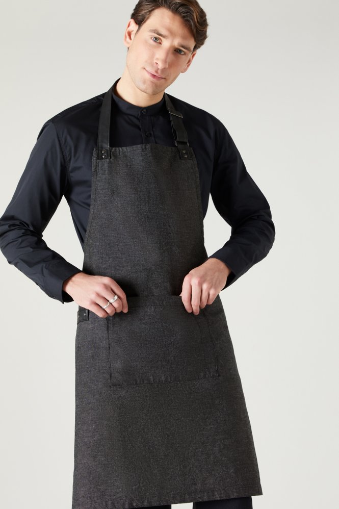 Annex Oxford Bib Apron With Adjustable Faux Leather Neckband, Black