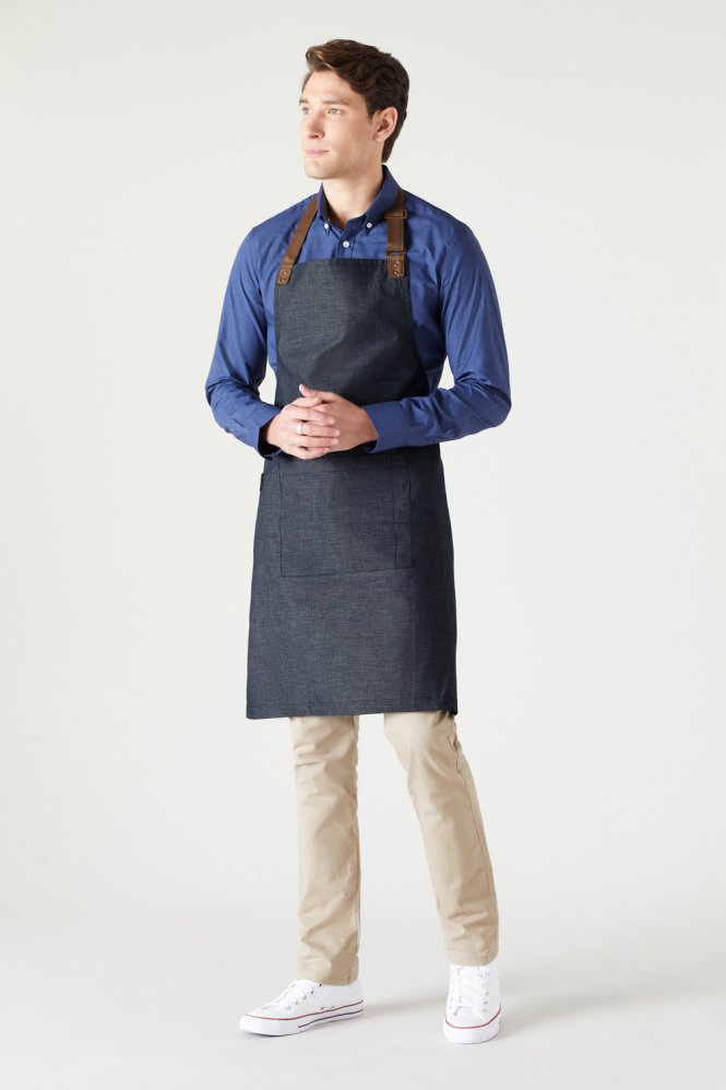 Annex Oxford Bib Apron With Adjustable Faux Leather Neckband, Navy