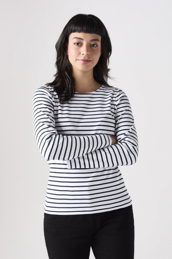 Asquith & Fox Women's Long Sleeve Breton Tee, White/Navy