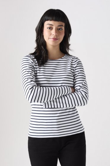 Asquith & Fox Women's Long Sleeve Breton Tee, White/Navy