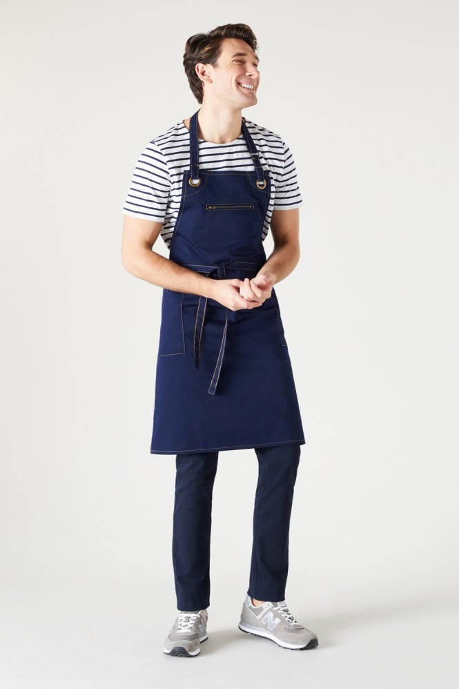Barley Contrast Stitch Sustainable Apron, Navy/Camel