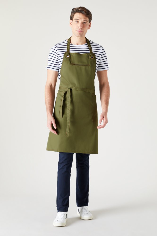 Barley Contrast Stitch Sustainable Bib Apron, Olive/Chestnut