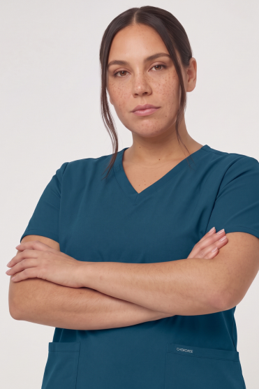 Cherokee Ultra Women's 2-Pocket V Neck Scrub Top, Caribbean Blue
