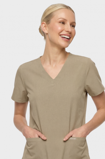 Cherokee Ultra Women's 2-Pocket V Neck Top, Khaki