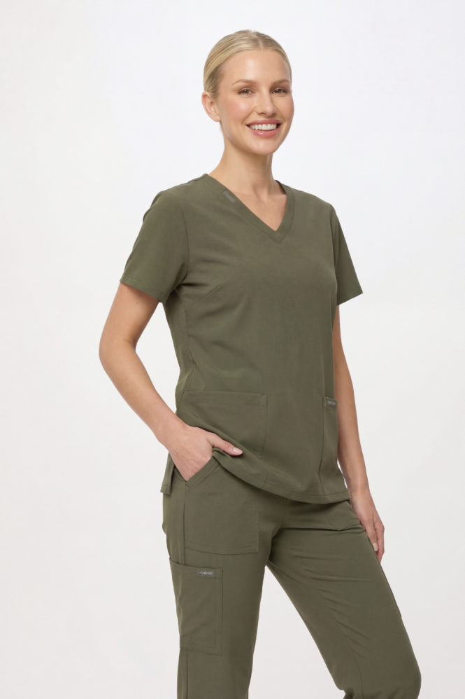 Cherokee Ultra Women's 2-Pocket V Neck Top, Olive
