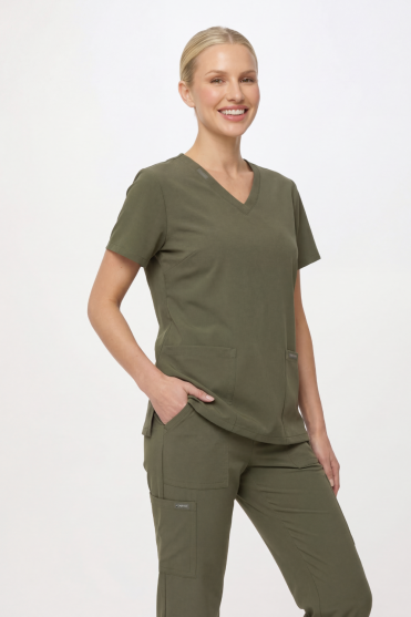 Cherokee Ultra Women's 2-Pocket V Neck Top, Olive