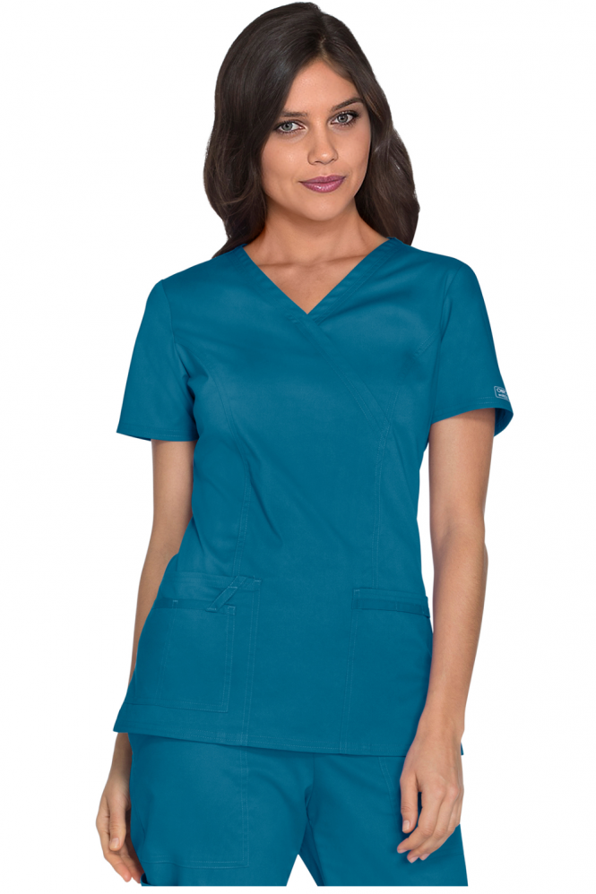 Cherokee Women's Core Stretch Mock Wrap Scrub Top, Caribbean Blue