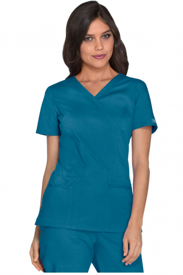 Cherokee Women's Core Stretch Mock Wrap Scrub Top, Caribbean Blue