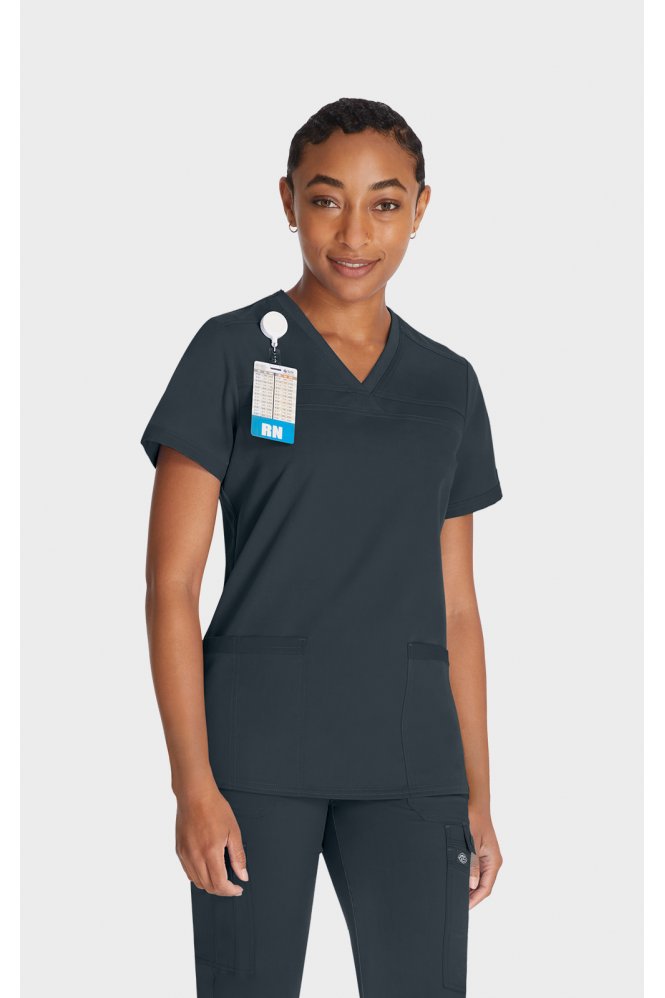 Dickies Balance Women's V-Neck Scrub Top With Rib Knit Panels, Pewter