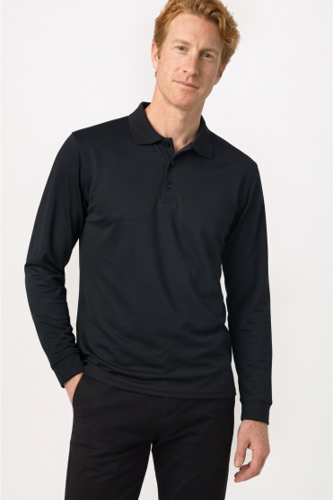 Henbury Men's Coolplus® Long Sleeve Polo Shirt, Black