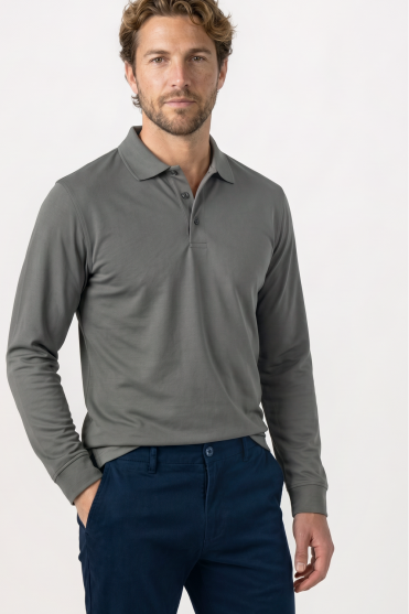 Henbury Men's Coolplus® Long Sleeve Polo Shirt, Charcoal