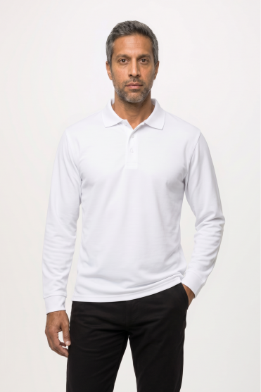 Henbury Men's Coolplus® Long Sleeve Polo Shirt, White