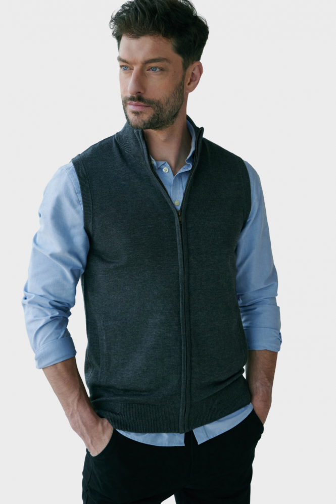 Henbury Men's Sleeveless Zip Jumper, Grey Marl
