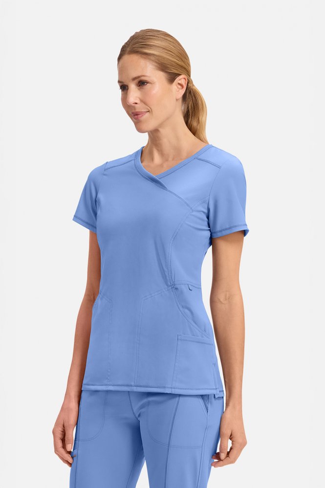 Infinity by Cherokee Women's Mock Wrap Scrub Top, Ciel Blue