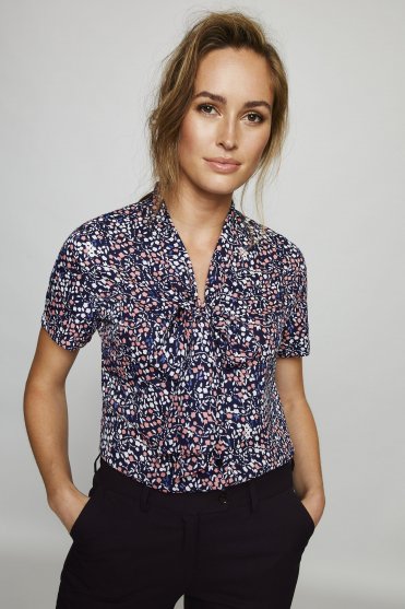 Jigsaw X SJ Low Tie Neck Button Through Blouse, Coral Floral
