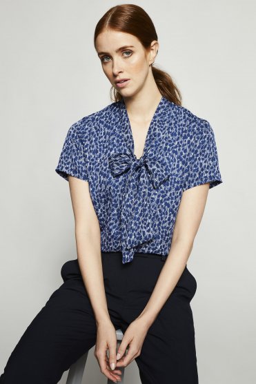 Jigsaw X SJ Low Tie Neck Button Through Blouse, Navy Leopard