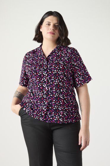 Jigsaw X SJ Short Sleeve Open Collar Blouse, Plum Ink Drop