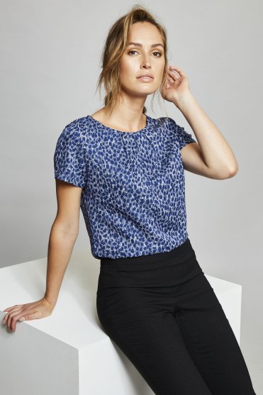 Jigsaw x SJ Women's Pleat Neck Print Blouse, Navy Leopard