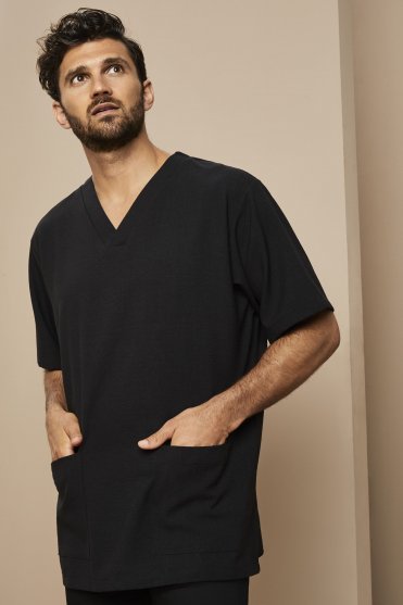 Linen Blend Men's V-neck Tunic, Black
