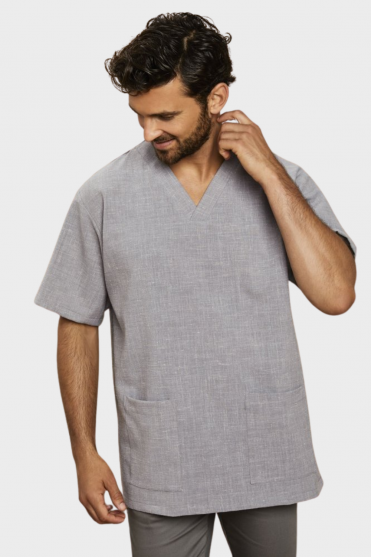 Linen Blend Men's V-neck Tunic, Grey