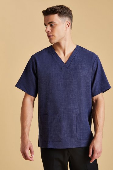 Linen Blend Men's V-neck Tunic, Navy