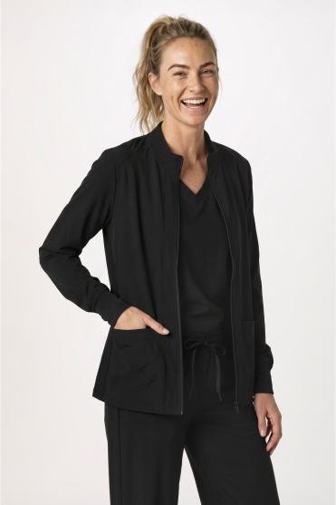 Med Couture Insight Women's 3-Pocket Zip Front Warm Up Scrub Jacket, Black