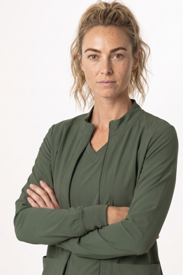 Med Couture Insight Women's 3-Pocket Zip Front Warm Up Scrub Jacket, Olive