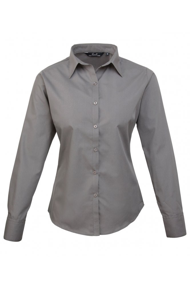 Premier Women's Long Sleeve Poplin Shirt, Dark Grey