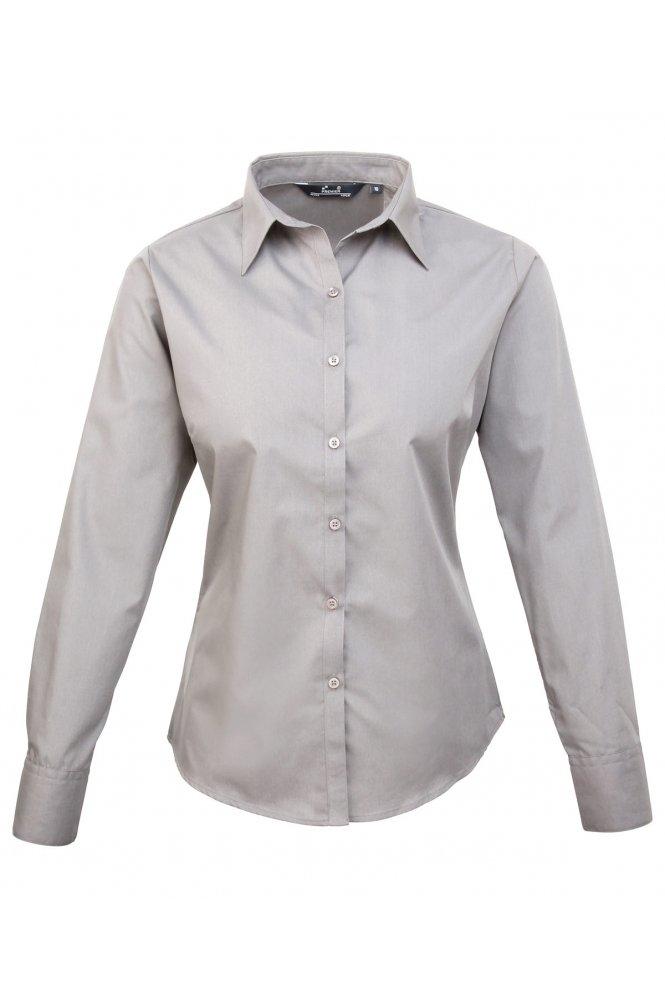 Premier Women's Long Sleeve Poplin Shirt, Light Grey