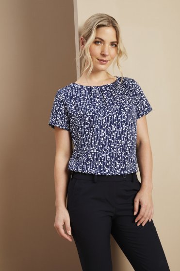 Short Sleeve Pleat Neck Blouse, Navy Balloon Print