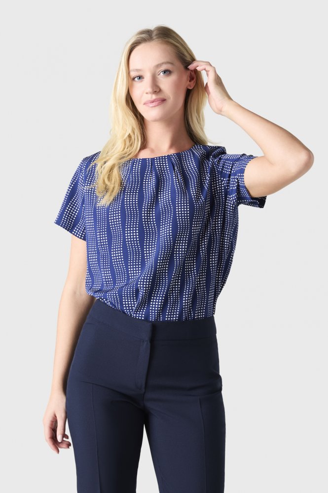 Short Sleeve Pleat Neck Blouse, Navy Spot