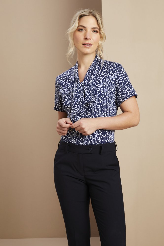 Simon Jersey Low Tie Neck Button Through Blouse, Navy Balloon Print