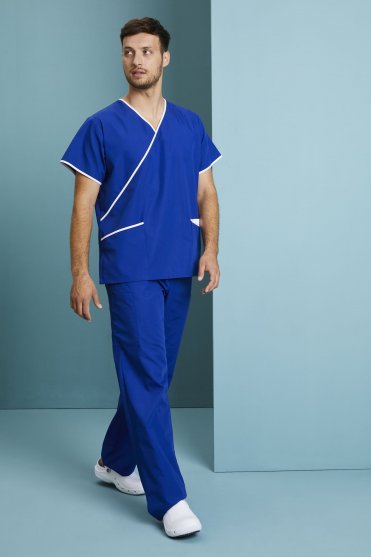 Simon Jersey Men's Fitted Mock Wrap Scrub Top, Royal/White