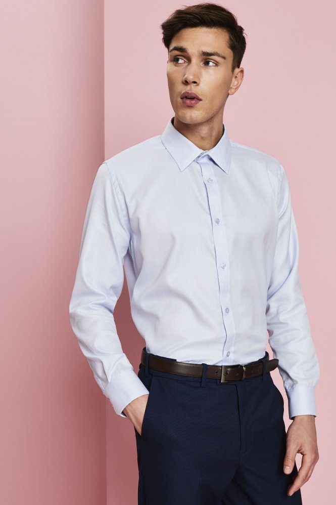 Simon Jersey Men's Long Sleeve 100% Cotton Herringbone Shirt, Blue Herringbone