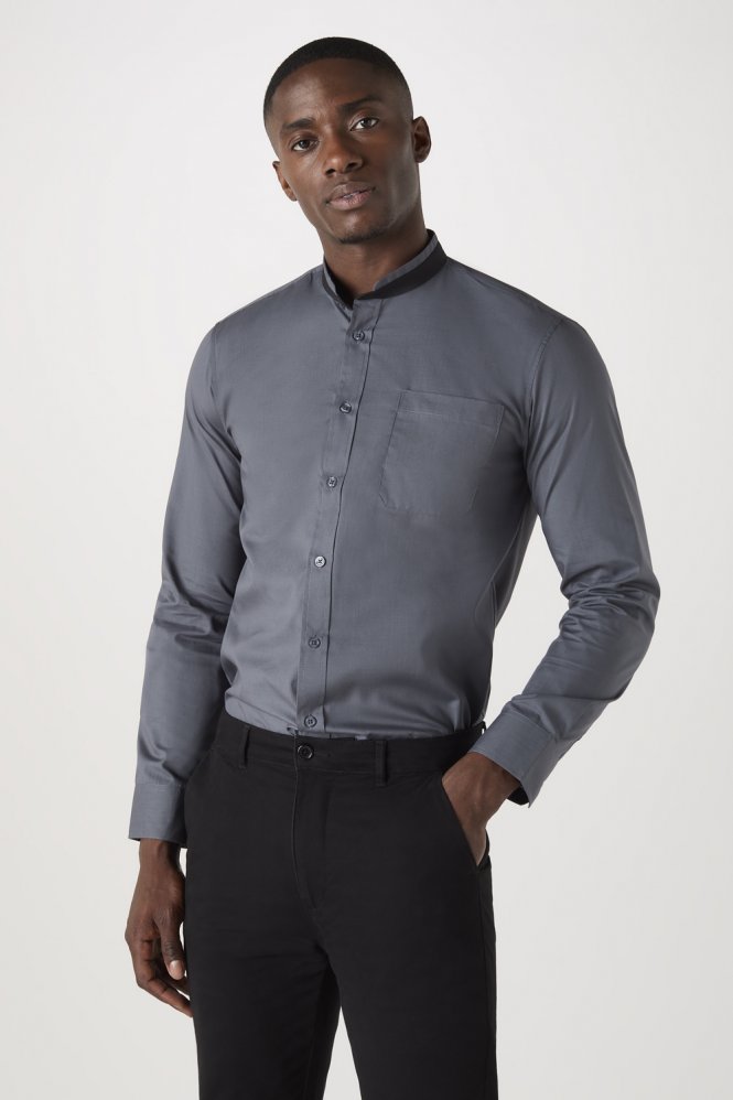 Simon Jersey Men's Long Sleeve Grandad Collar Shirt, Grey and Black