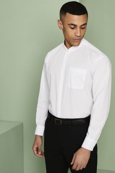 Simon Jersey Men's Long Sleeve Mandarin Collar Shirt, White