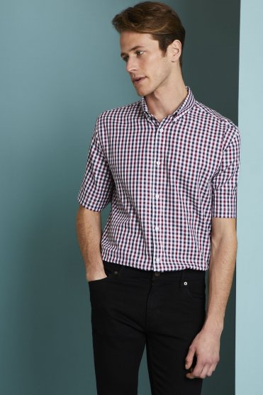 Simon Jersey Men's Short Sleeve Large Check Shirt, Red/Navy Check
