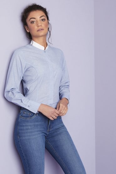 Simon Jersey Women's Grandad Collar Long Sleeve Shirt, Blue