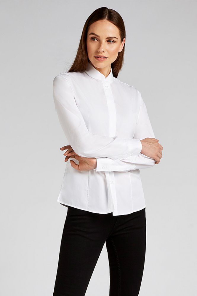 Simon Jersey Women's Mandarin Collar Long-Sleeve Shirt, White