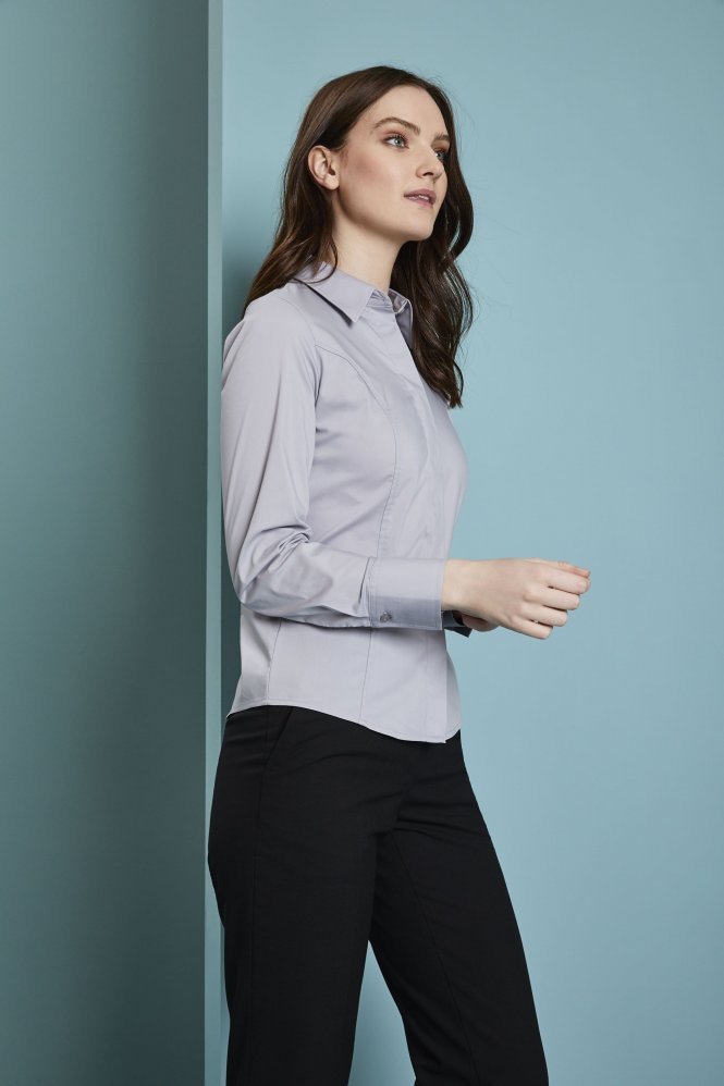 Simon Jersey Women's Polycotton Long Sleeve Modern Fit Shirt with Stretch, Pale Grey