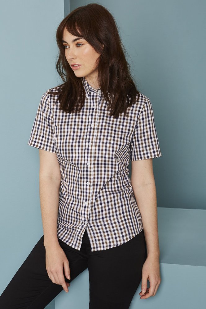 Simon Jersey Women's Short Sleeve Large Check Shirt, Navy/Brown