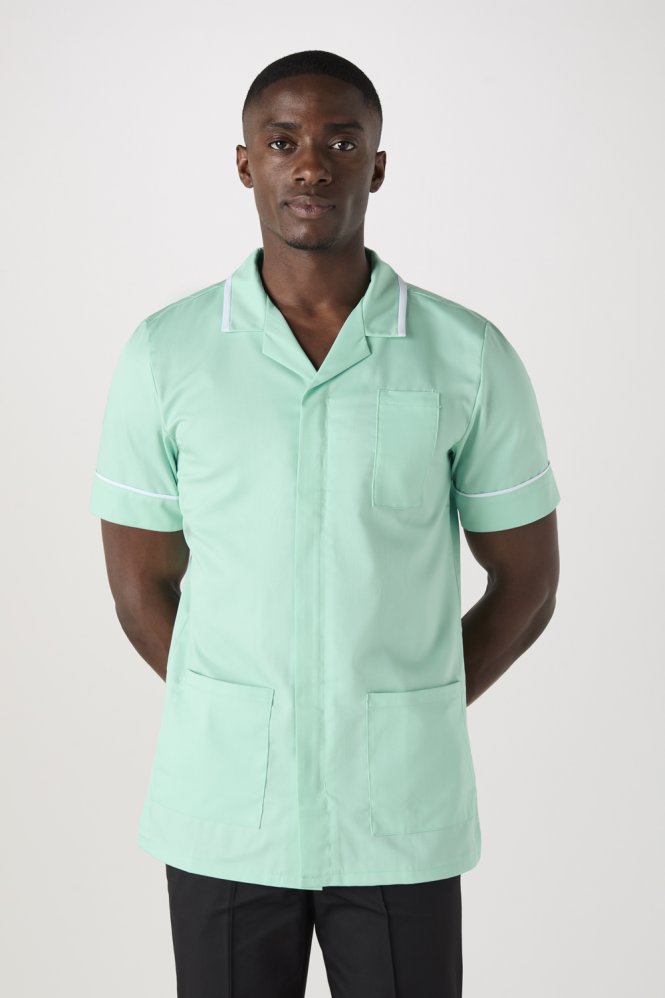 SJ Men's Collar Healthcare Tunic, Eau De Nil/White