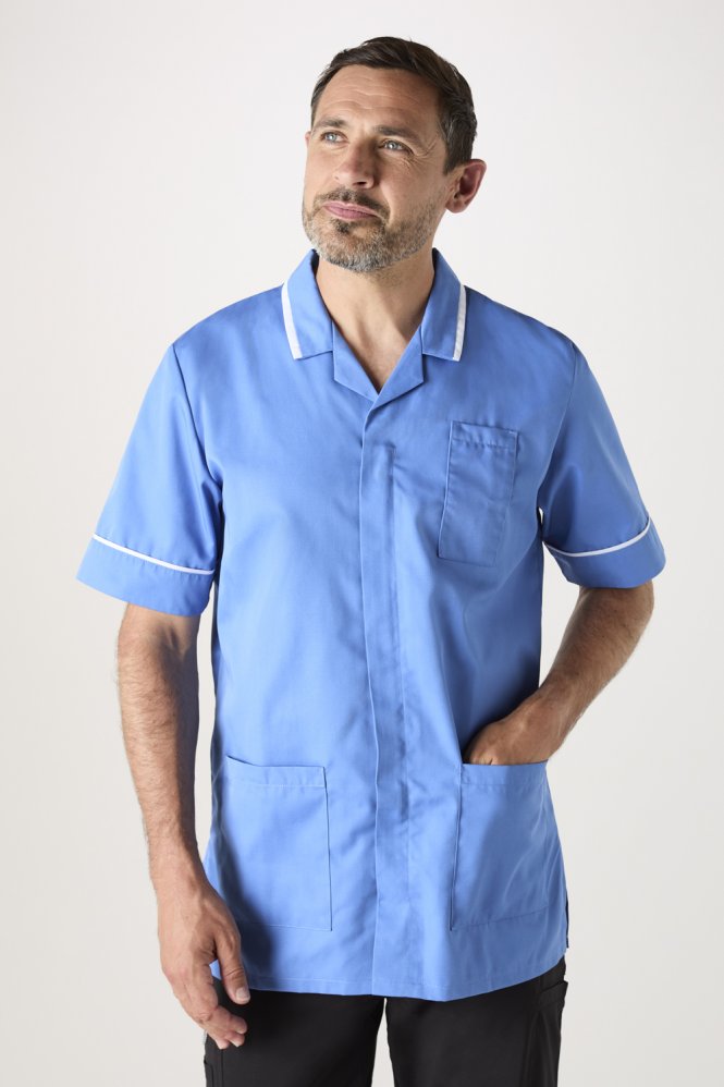 SJ Men's Collar Healthcare Tunic, Hospital Blue/White