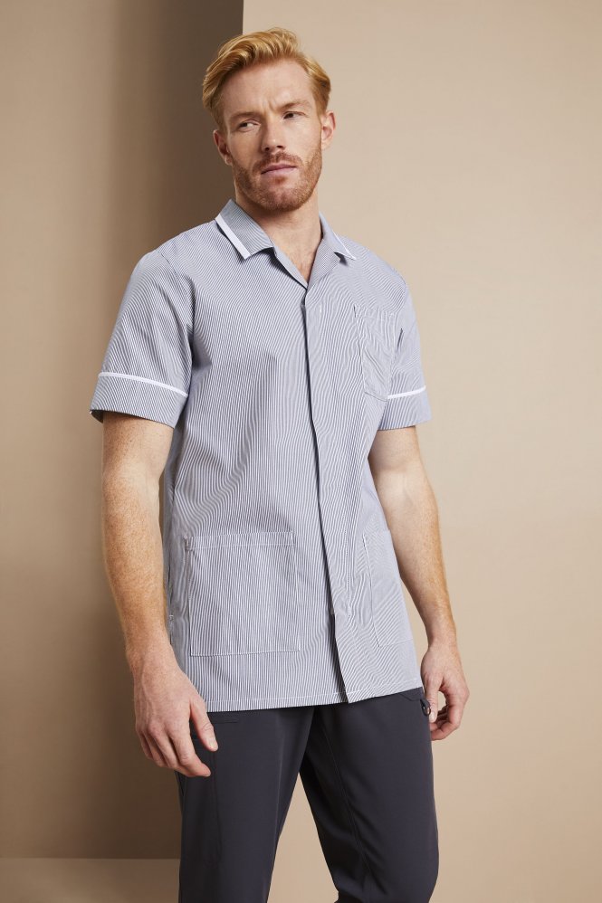 SJ Men's Collar Healthcare Tunic, Navy Stripe & White