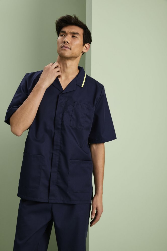 SJ Men's Collar Healthcare Tunic, Navy with Lime Trim