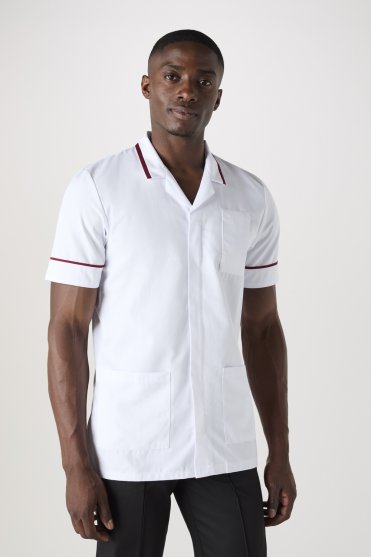 SJ Men's Collar Healthcare Tunic, White/Burgundy