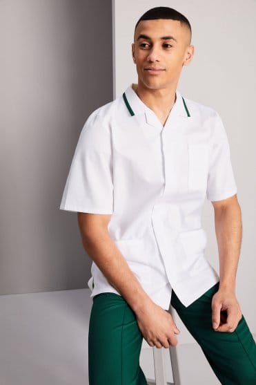 SJ Men's Collar Healthcare Tunic, White with Bottle Green Trim