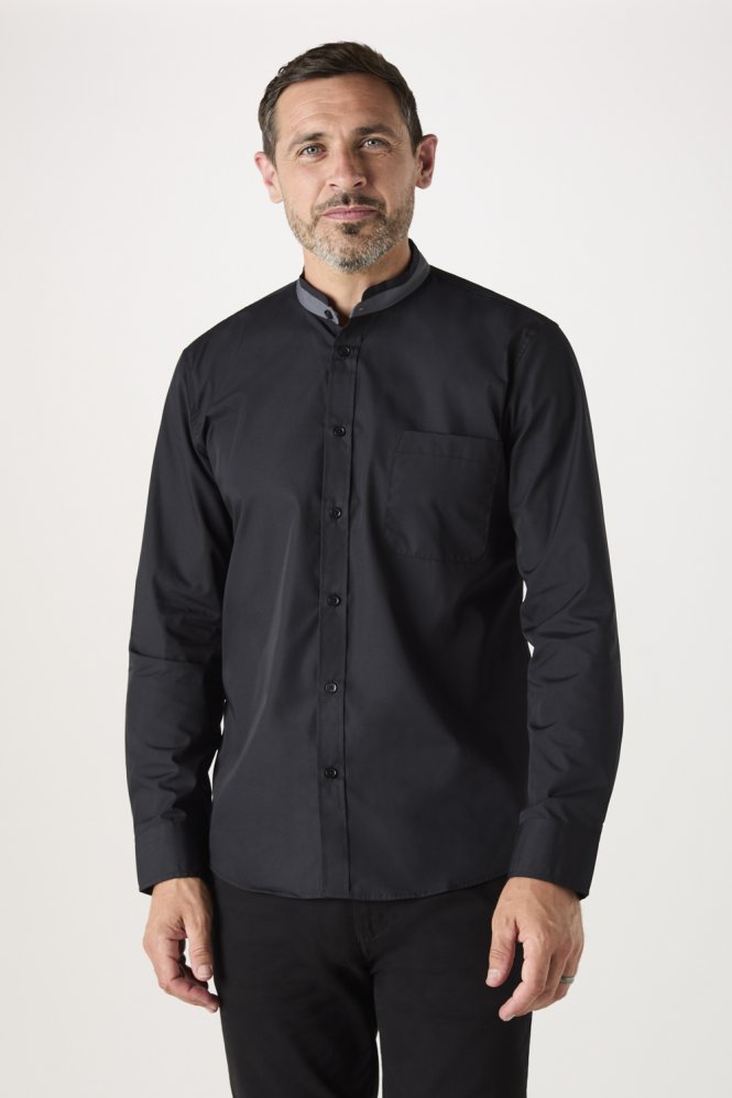 SJ Men's Grandad Collar Shirt, Black/Grey