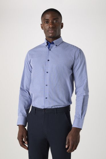 SJ Men's Long Sleeve Check Shirt, Blue/White