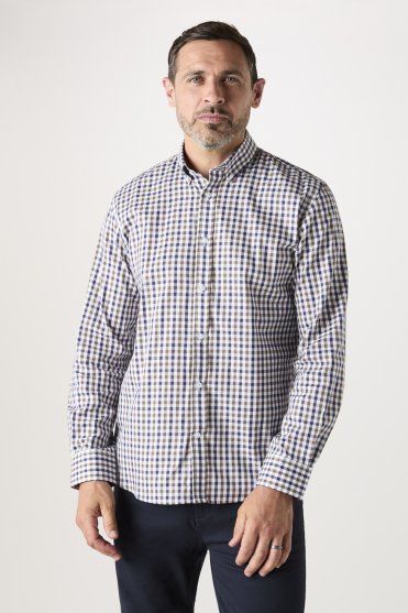 SJ Men's Long Sleeve Check Shirt, Navy/Brown